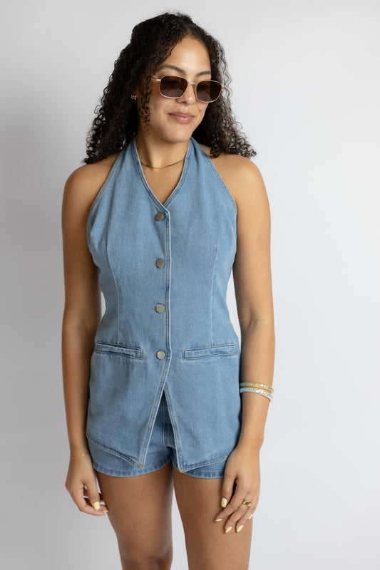 Wish You Would Denim Vest Romper