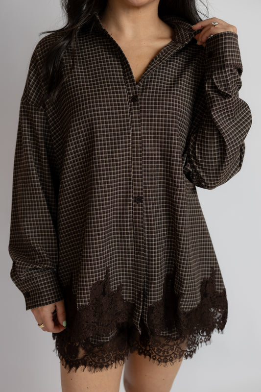 Moving In Lace Trim Button Down Shirt