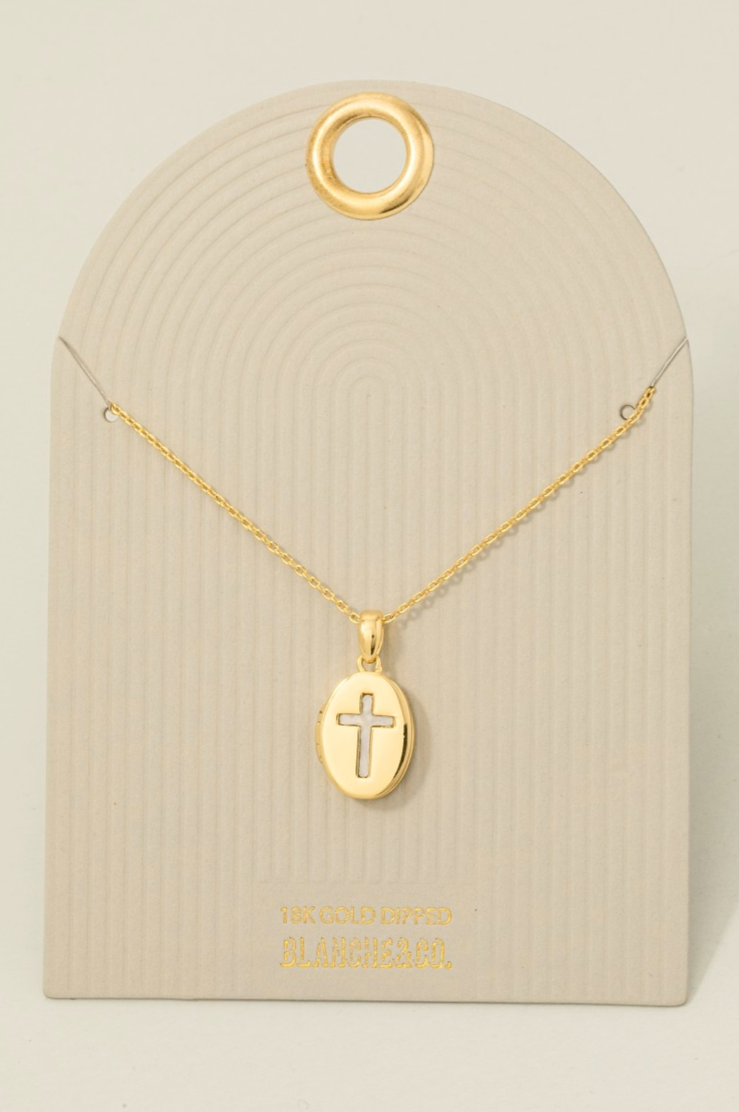 Gold-dipped oval pendant necklace with mother-of-pearl cross inlay on fine chain