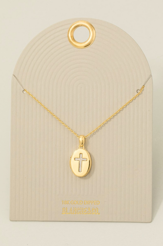 Gold-dipped oval pendant necklace with mother-of-pearl cross inlay on fine chain