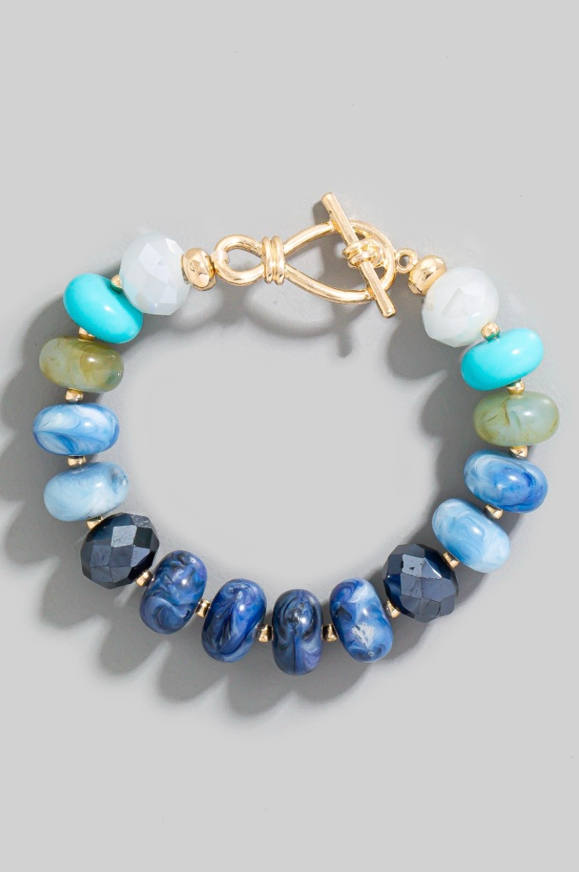 blue mix beaded toggle bracelet with marble and faceted beads