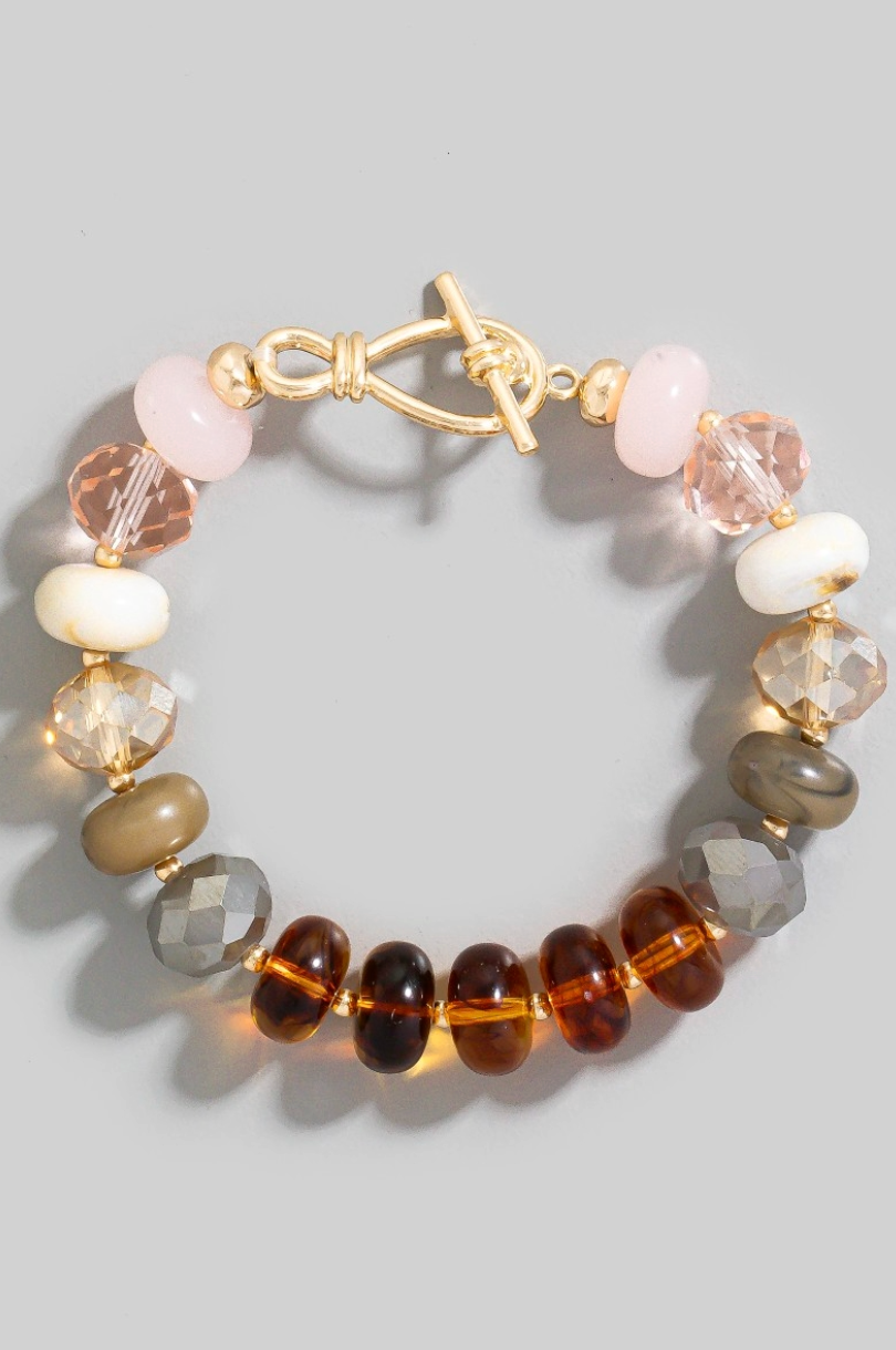 neutral mix beaded toggle bracelet with marble and faceted beads
