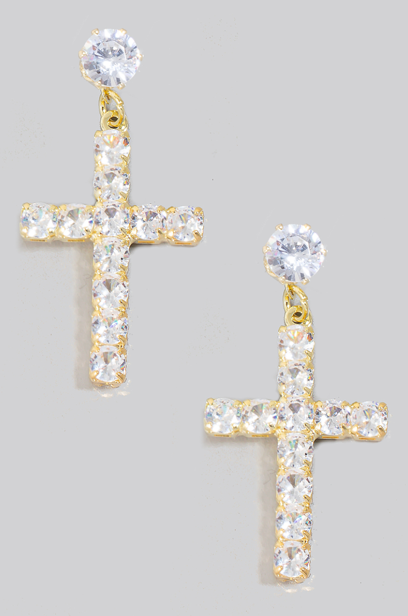 gold cubic zirconia pave cross drop earrings with round and square stones