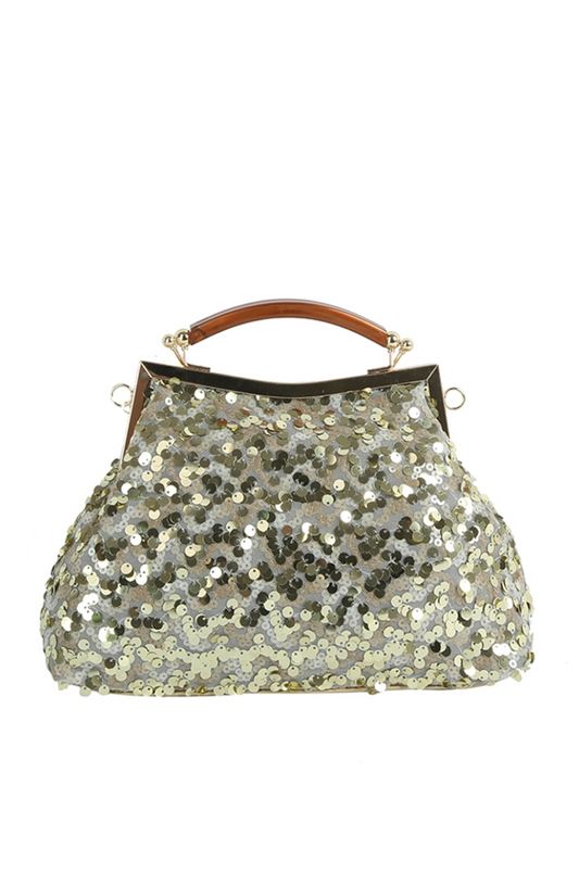 Silver sequin handbag with a brown handle on a white background