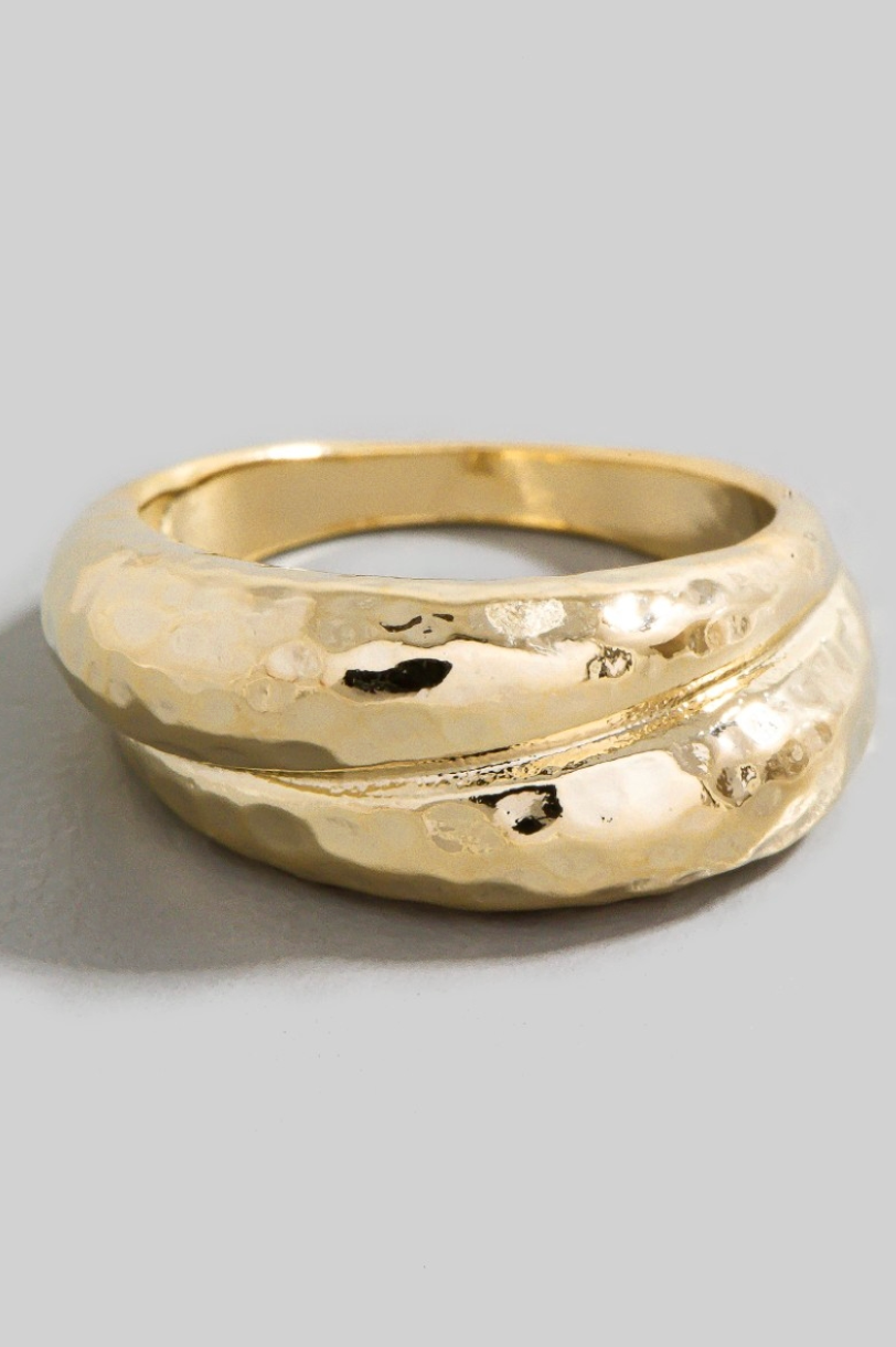 Gold hammered layered band ring with sculptural texture