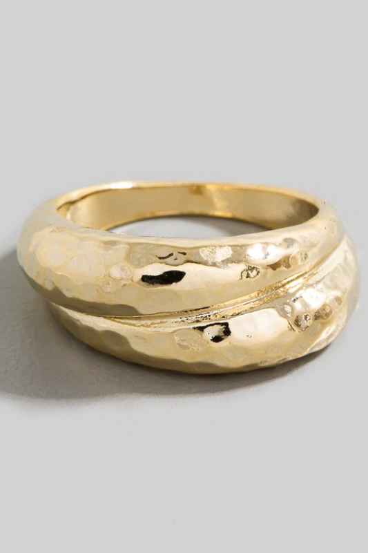 Gold hammered layered band ring with sculptural texture