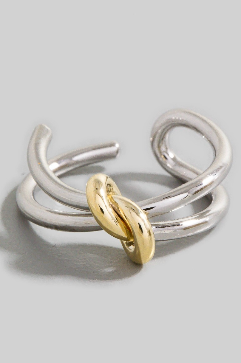 Two-tone gold and silver knotted open band ring with adjustable fit