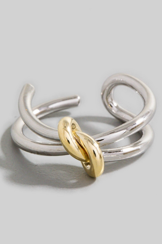 Two-tone gold and silver knotted open band ring with adjustable fit