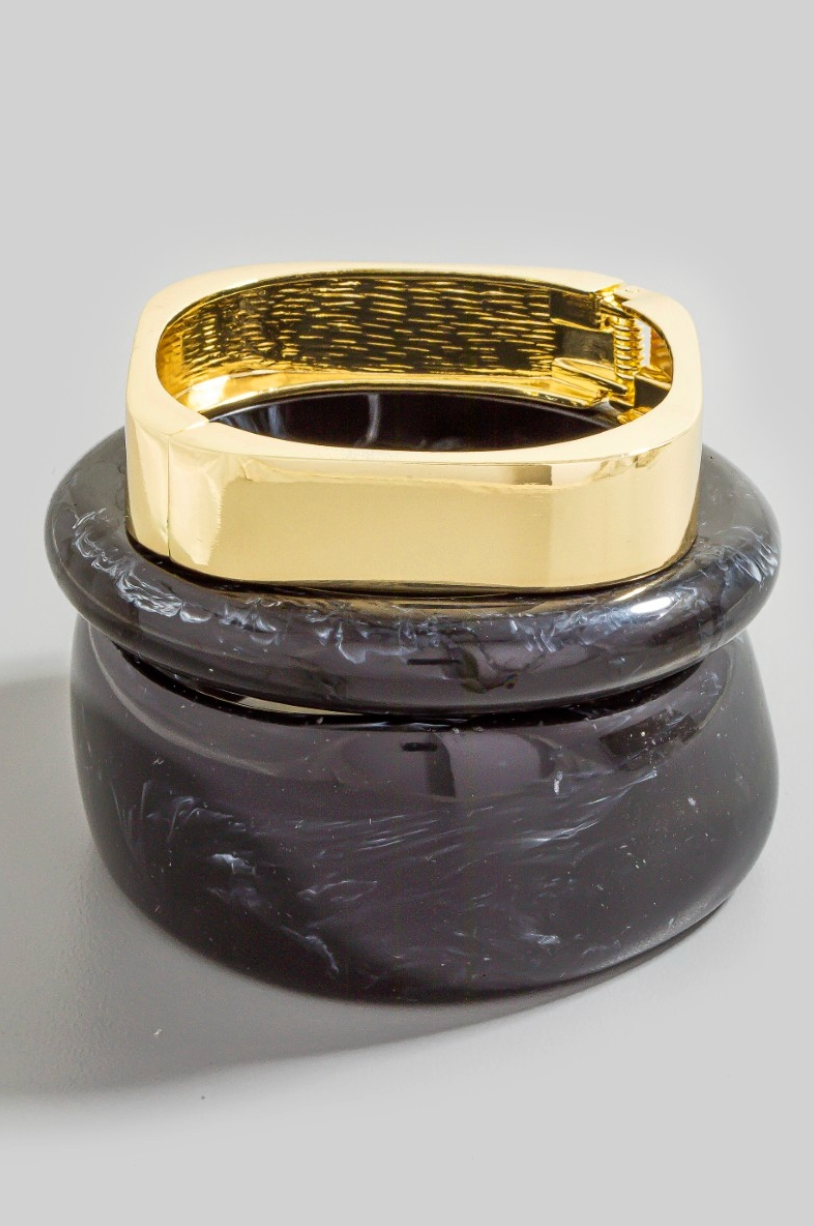Vera Arc Bangle Set in black marbled resin with gold square hinge bracelet