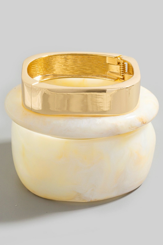 Vera Arc Bangle Set in ivory marbled resin with gold hinge bracelet