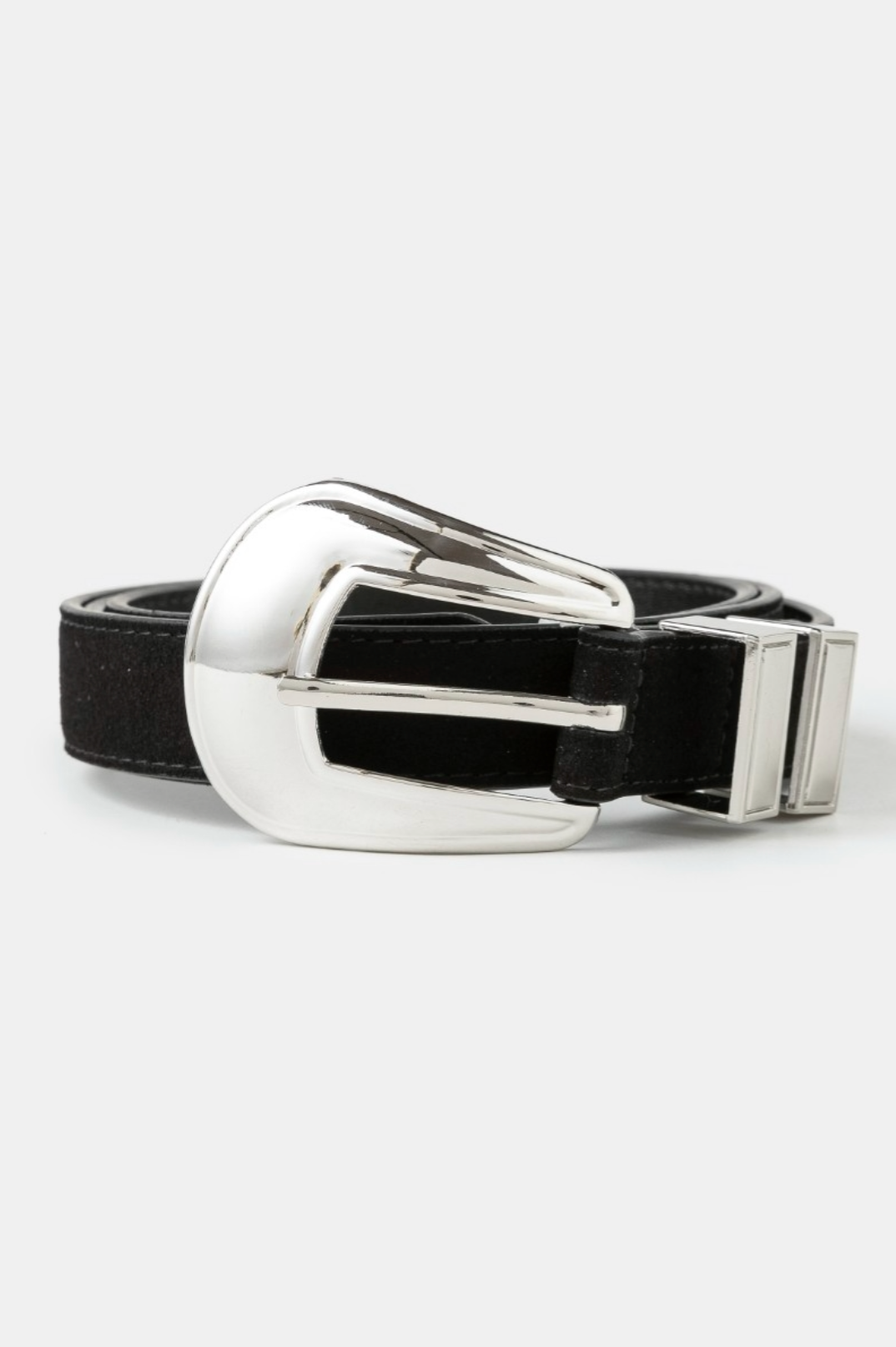 Make A Statement Belt in black suede with silver curved buckle