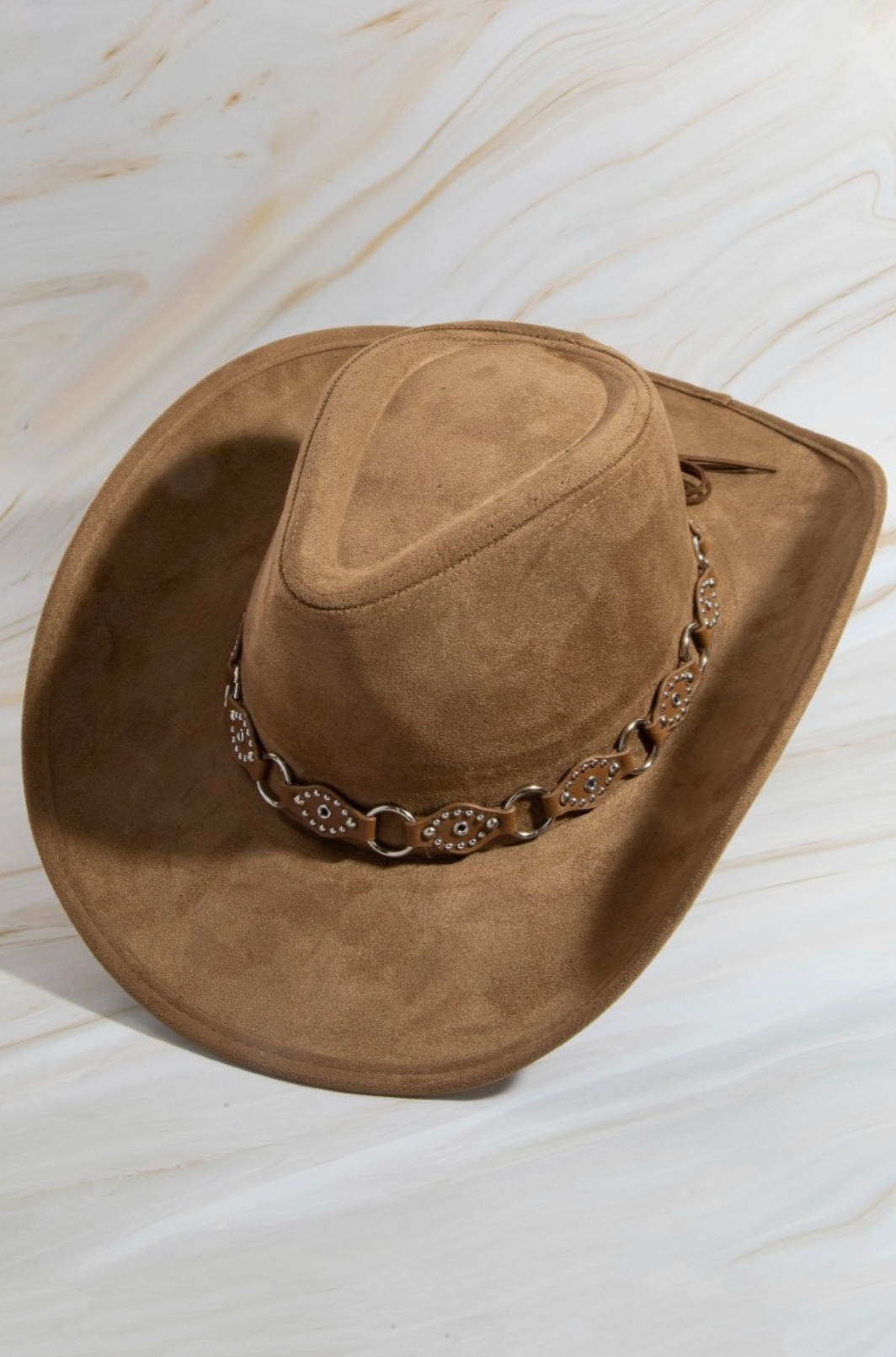 Dark brown faux leather western cowboy hat with chain strap