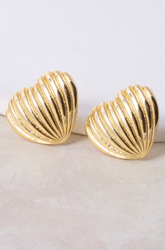 gold dipped ridged heart shield stud earrings