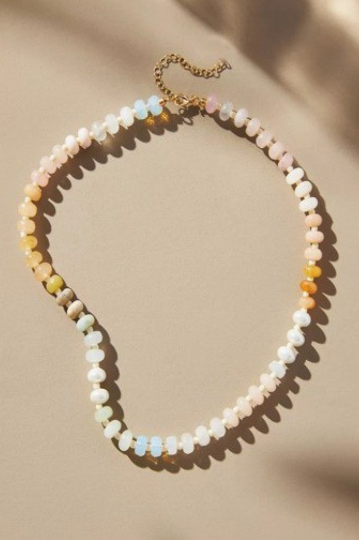 Pastel mixed natural stone and glass bead necklace with adjustable gold lobster clasp and delicate multicolor beads.