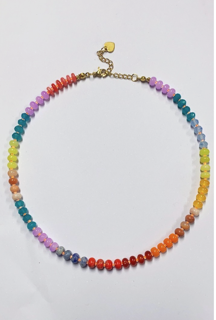 Bright multicolor natural stone and glass bead necklace with adjustable gold lobster clasp and colorful beaded design.