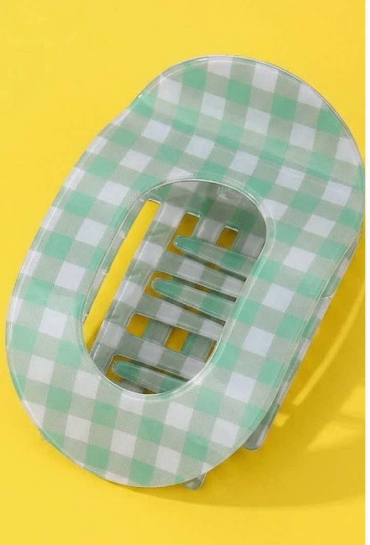 Maggie Gingham mint green and white checkered flat lay hair claw clip.
