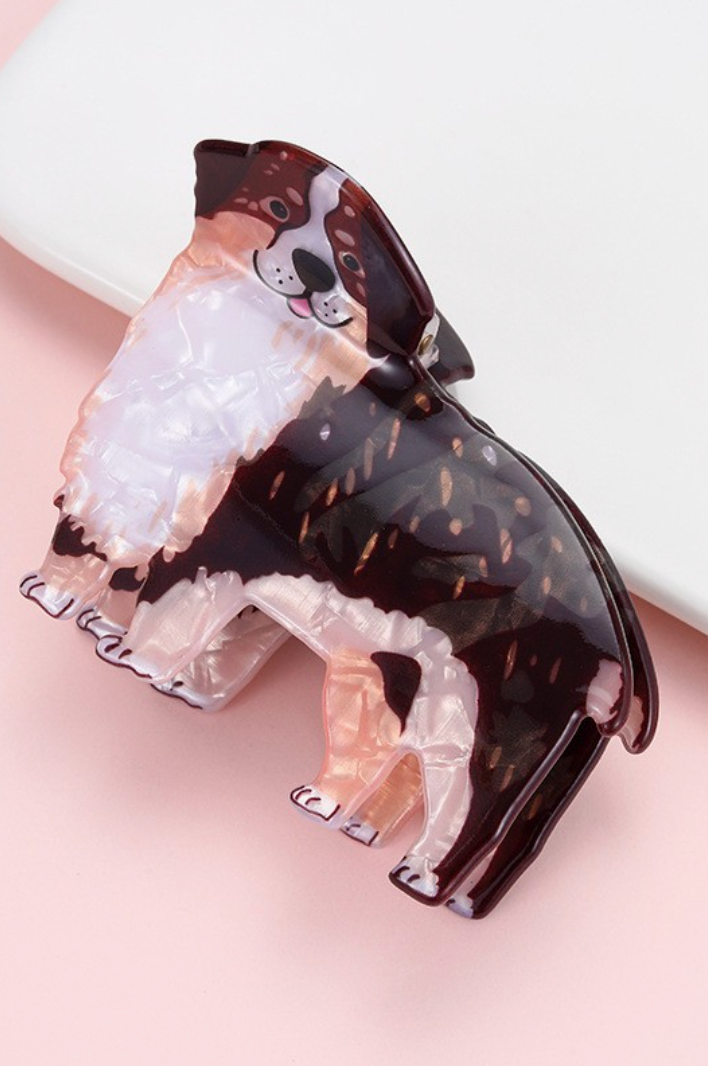 Every Step Dog Claw Clip Dark featuring a fluffy brown, black and cream dog design in an oversized hair claw style.