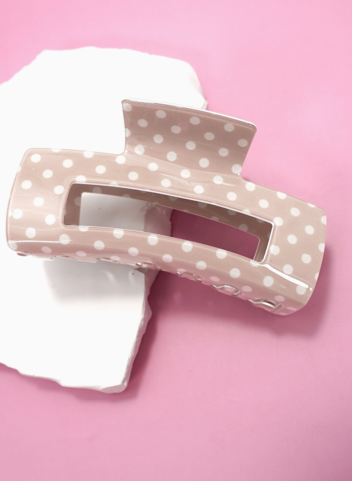 Opalite Polka Dot Clip Beige oversized beige hair claw with white polka dot pattern