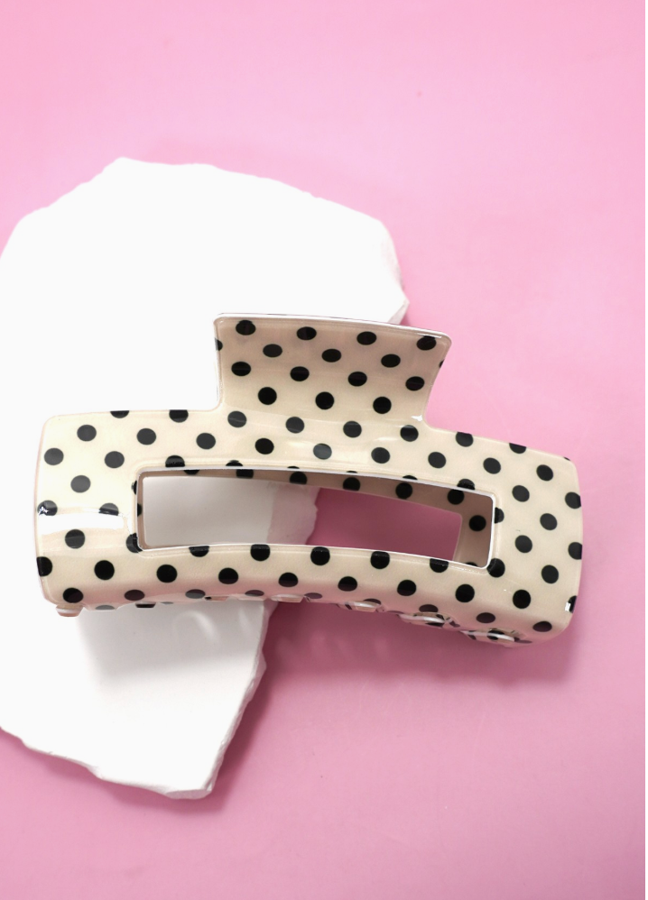 Opalite Polka Dot Clip Off White oversized off-white hair claw with black polka dot pattern