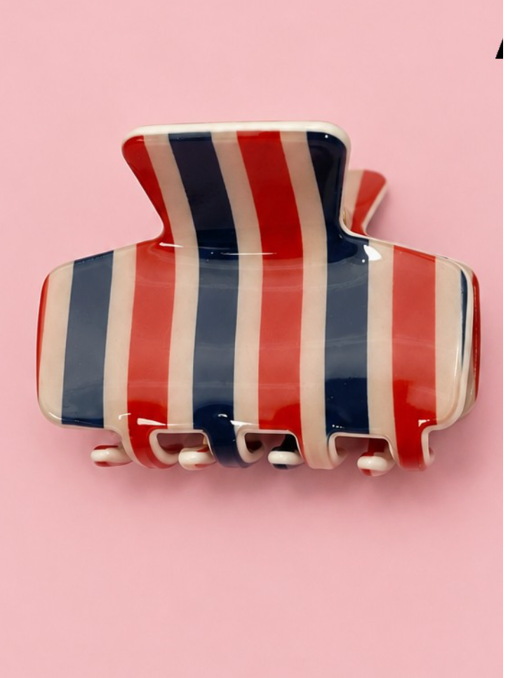 No Secrets Striped Claw Clip Red & Blue mini hair claw with red navy blue and cream vertical stripes and glossy finish