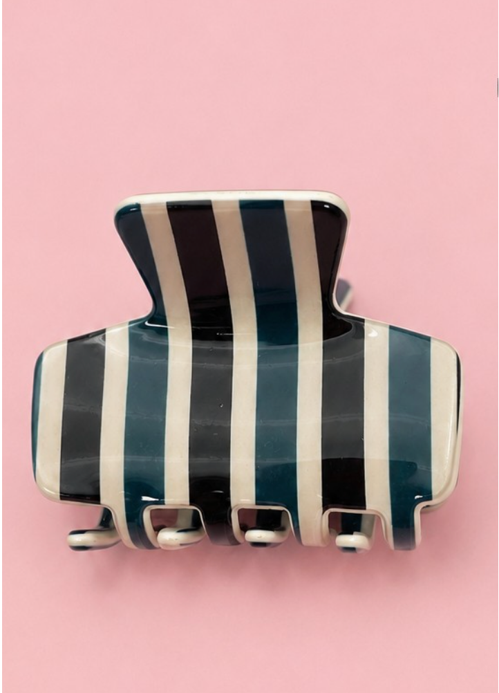 No Secrets Striped Claw Clip Green & Black mini hair claw with green black and cream vertical stripes and glossy finish