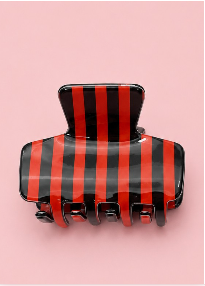 No Secrets Striped Claw Clip Red & Black mini hair claw with bold red and black vertical stripes and glossy finish