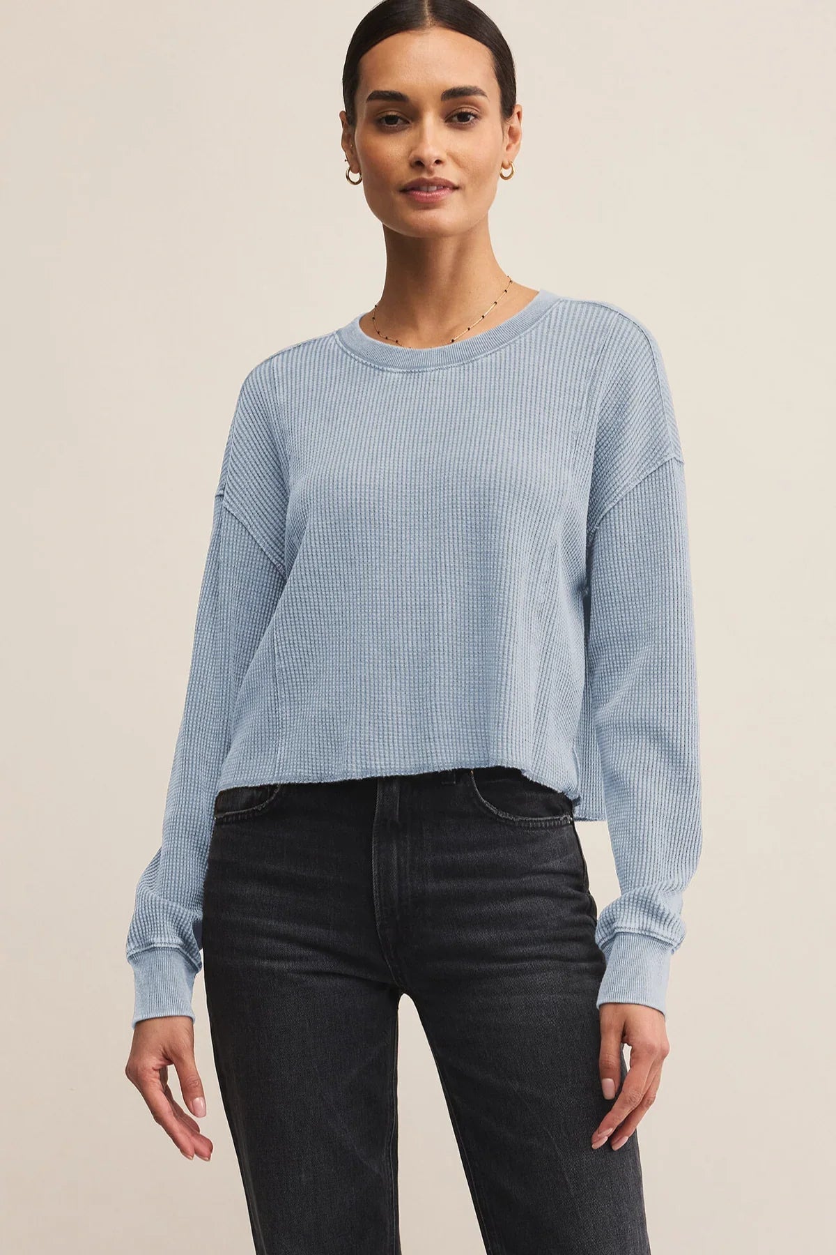 Cropped mineral wash waffle knit thermal top with long sleeves in relaxed fit
