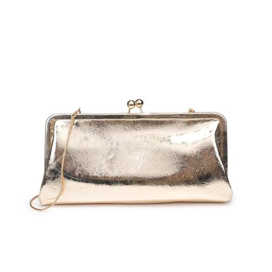 gold vegan leather clutch with kiss-lock closure and chain strap