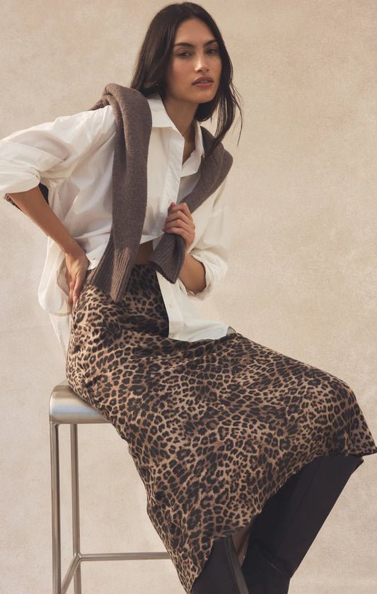 Satin leopard print maxi skirt with high rise fit and bias cut silhouette