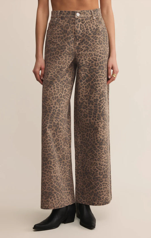 Wide leg leopard print denim pants with high rise fit