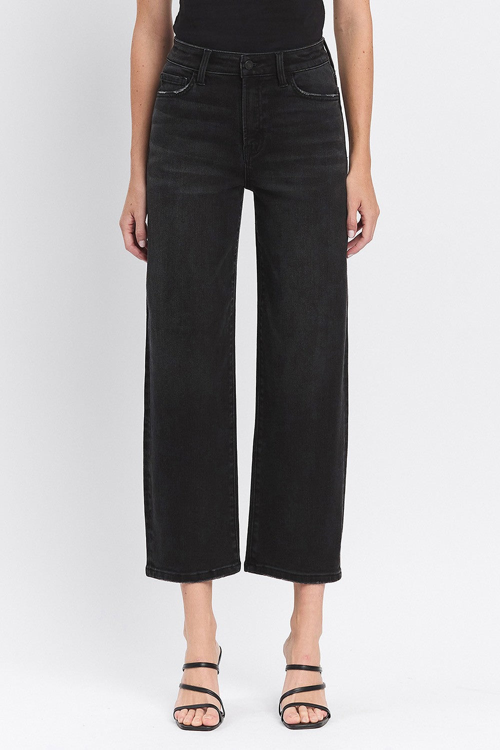 black high rise cropped wide barrel jeans with comfort stretch fit