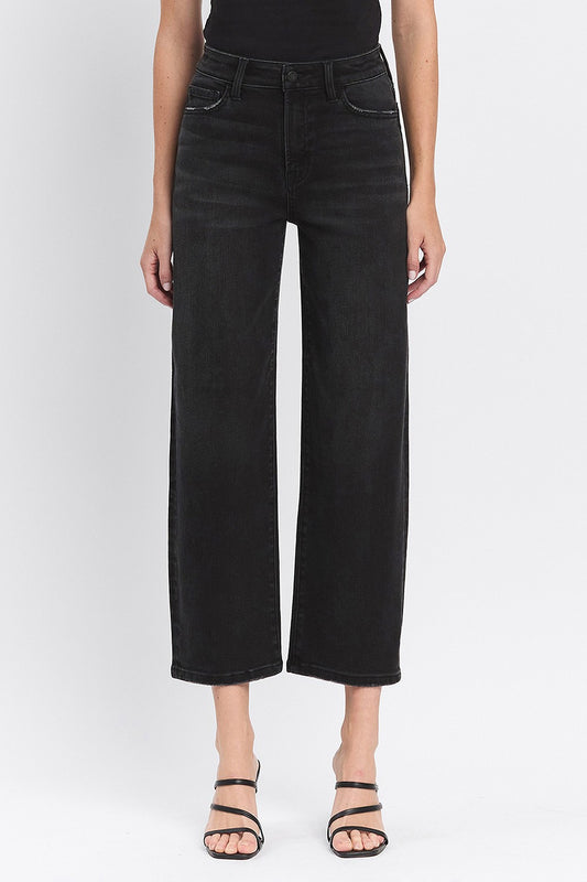 black high rise cropped wide barrel jeans with comfort stretch fit