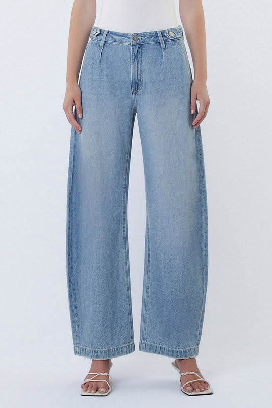 Light blue wide-leg jeans worn by a person on a white background
