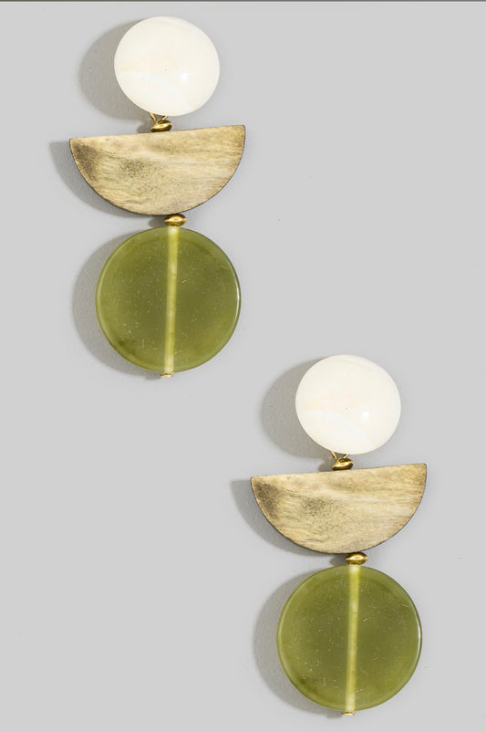 Olive geometric drop earrings featuring an ivory round stud, brushed gold-tone half-moon accent, and translucent olive resin disc.
