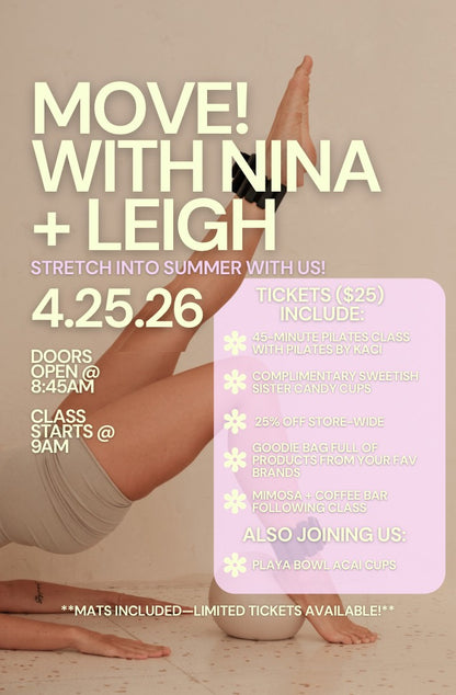 Pilates event at Nina + Leigh Halcyon featuring workout class, shopping, and wellness experience in Atlanta