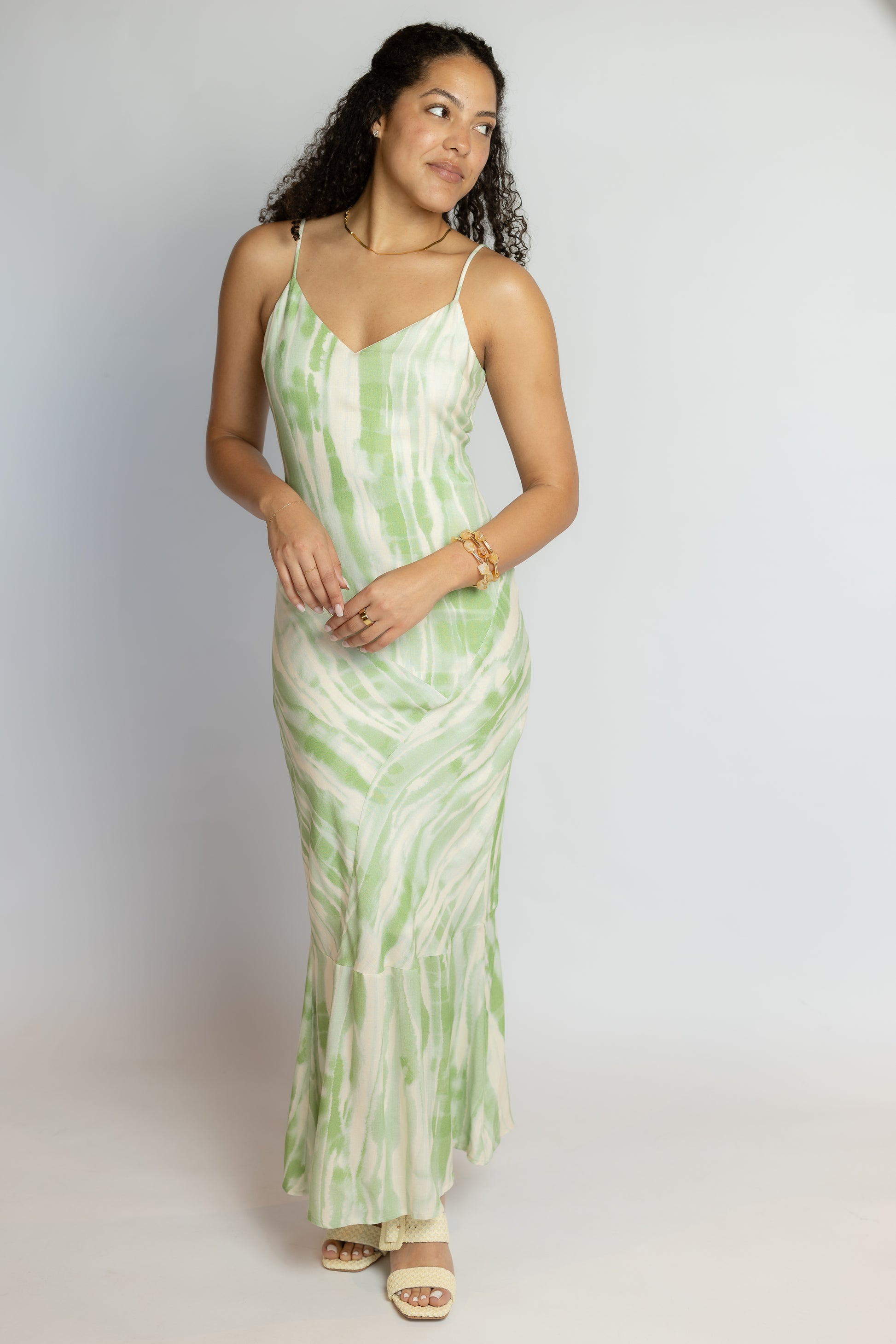 Green Abstract Slip Dress – Bias Cut Maxi Dress M