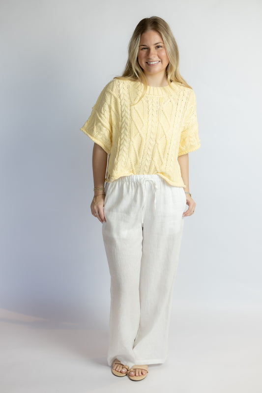 yellow cable knit short sleeve sweater top with relaxed fit