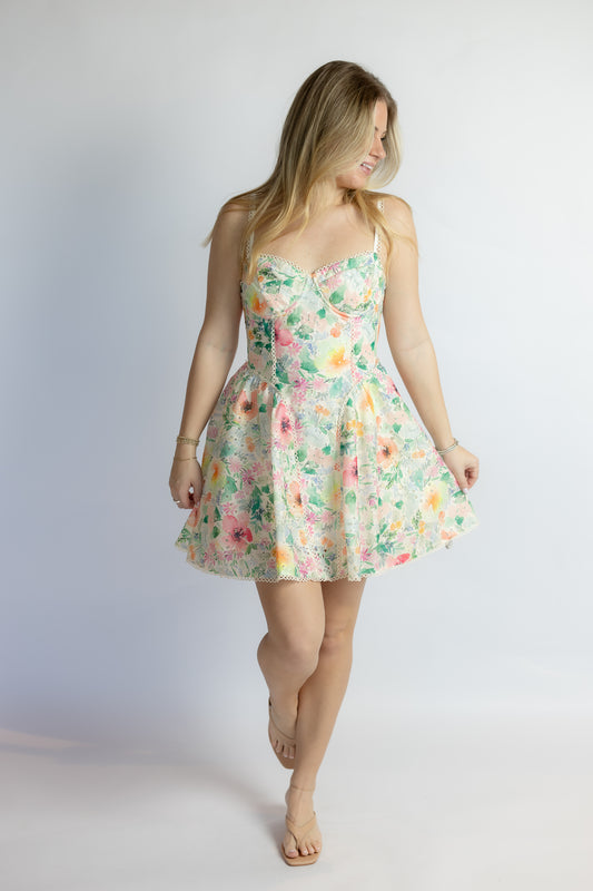 Woman wearing a floral dress on a plain background