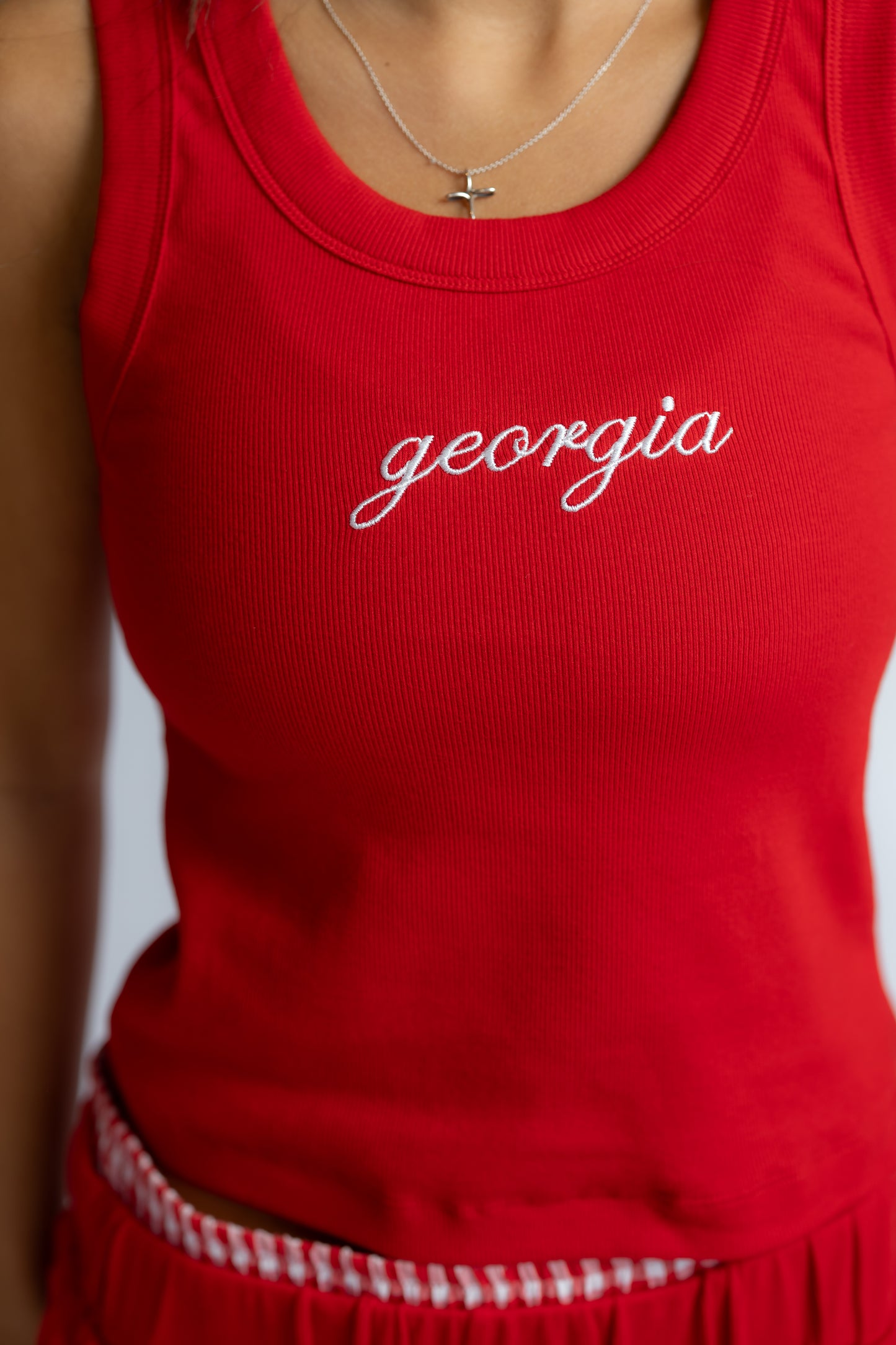 Georgia Embroidered Ribbed Tank Top Red