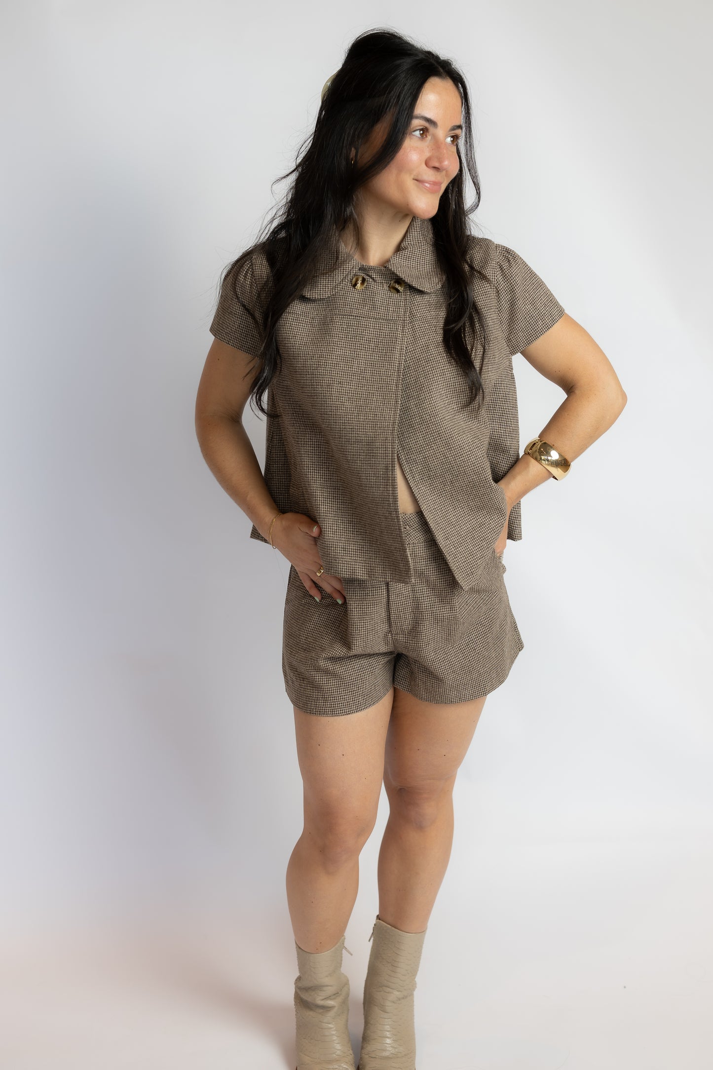 No Goodbyes Houndstooth Collared Top