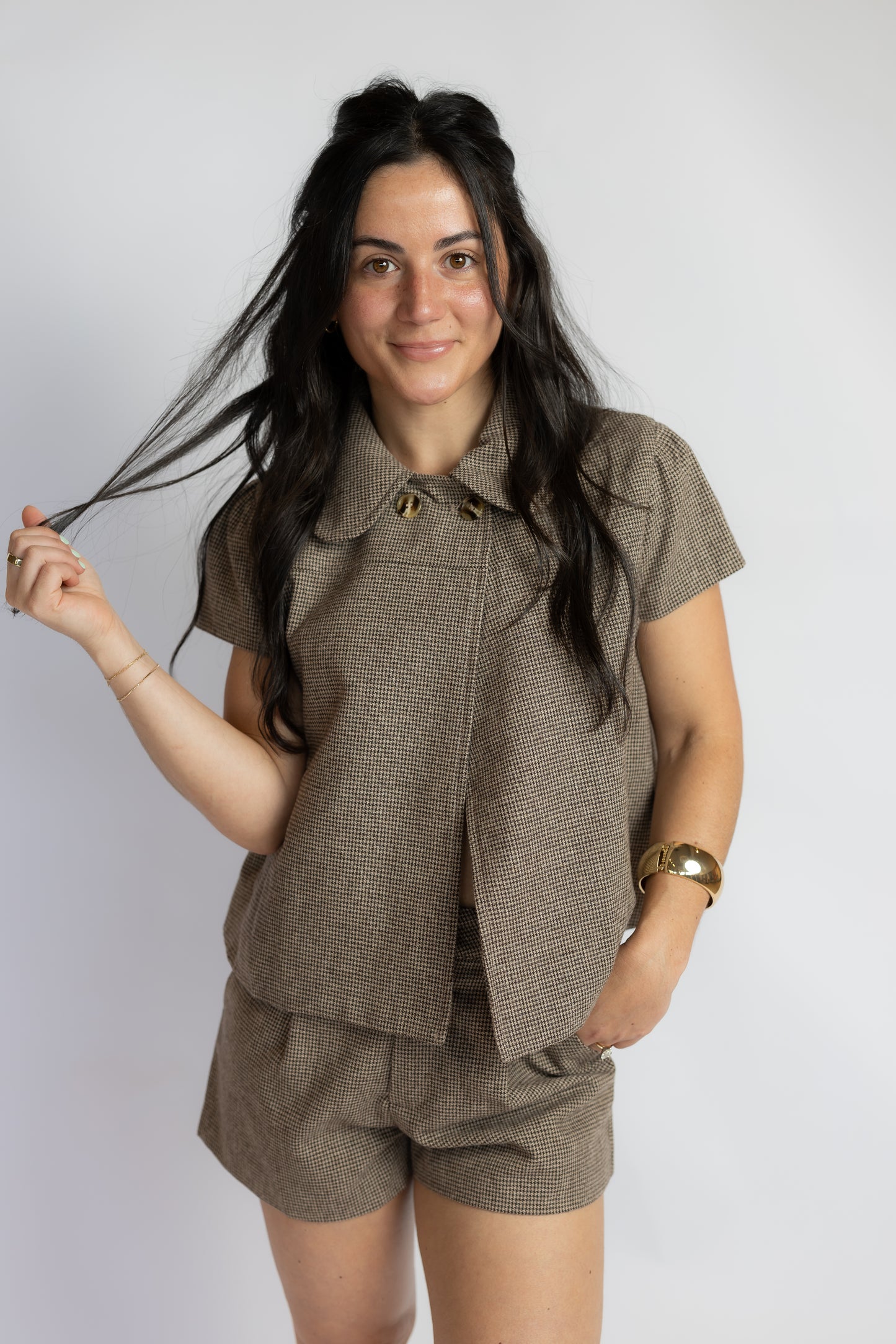No Goodbyes Houndstooth Collared Top