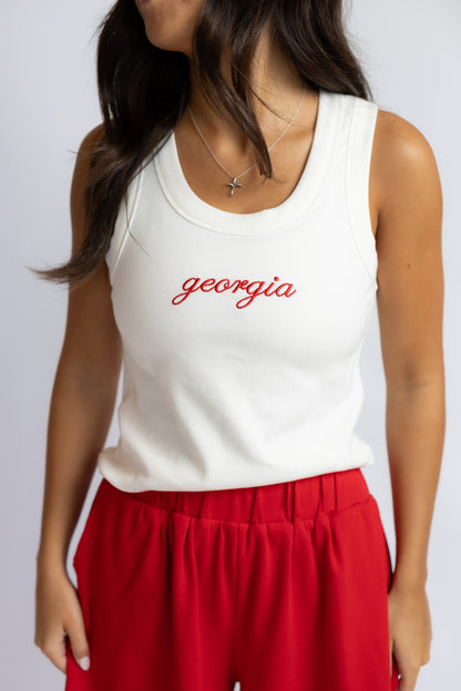 Georgia Embroidered Ribbed Tank Top White