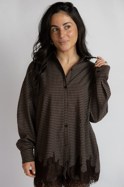 Moving In Lace Trim Button Down Shirt