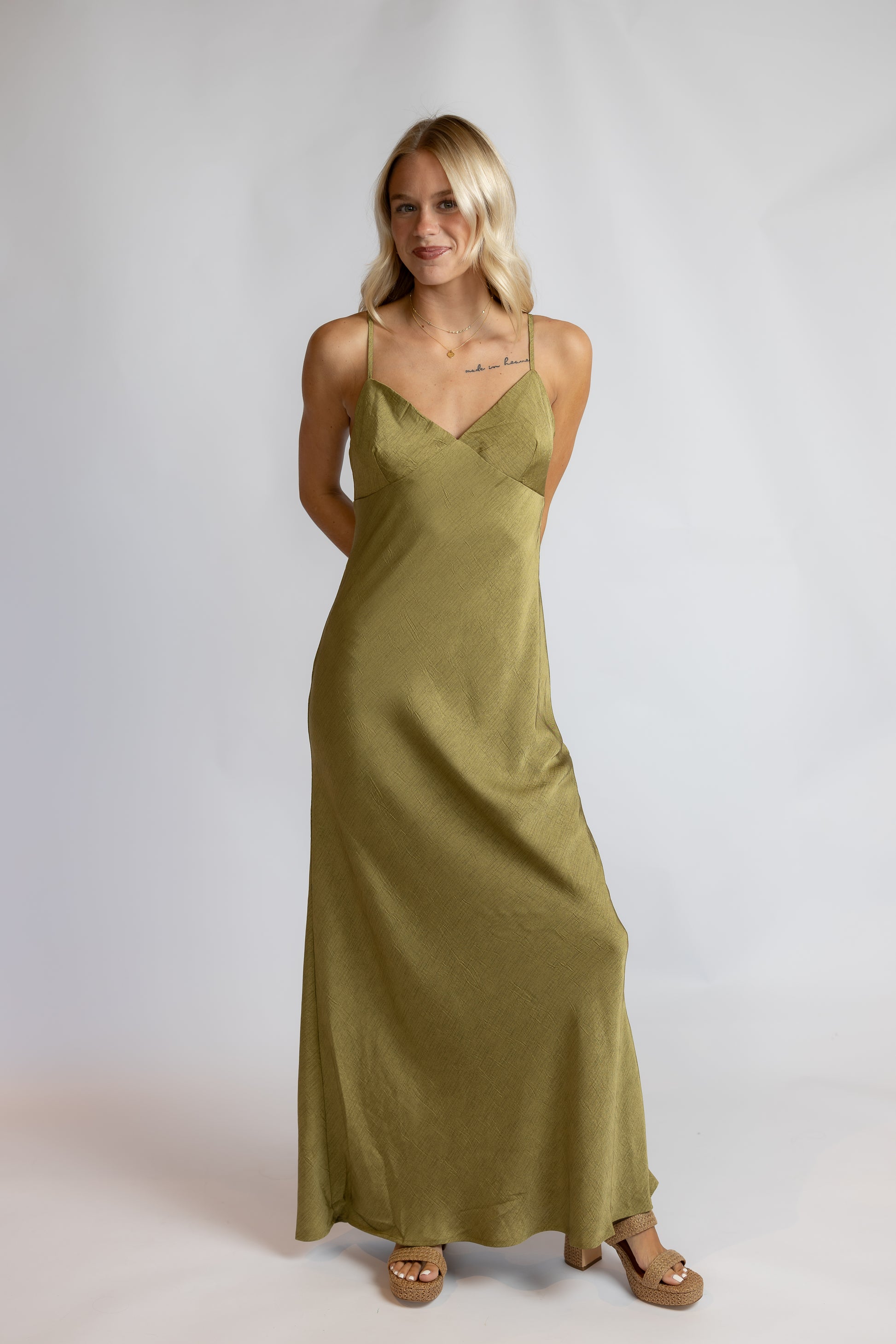 Olive Satin Maxi Dress
