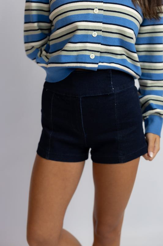A person wearing dark navy denim shorts and a blue, white, and black striped button-up shirt, shown from the chest down against a light gray studio background.