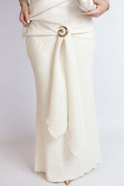 White skirt with a gold belt on a white background