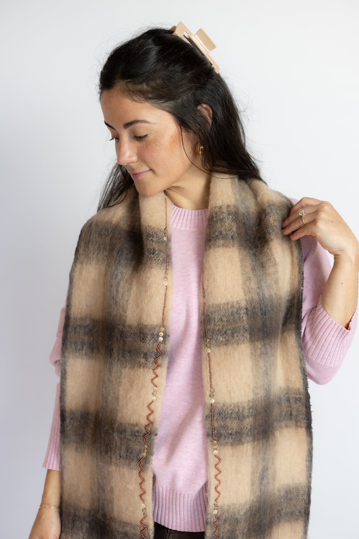 Highland Plaid Skinny Scarf Neutral Combo