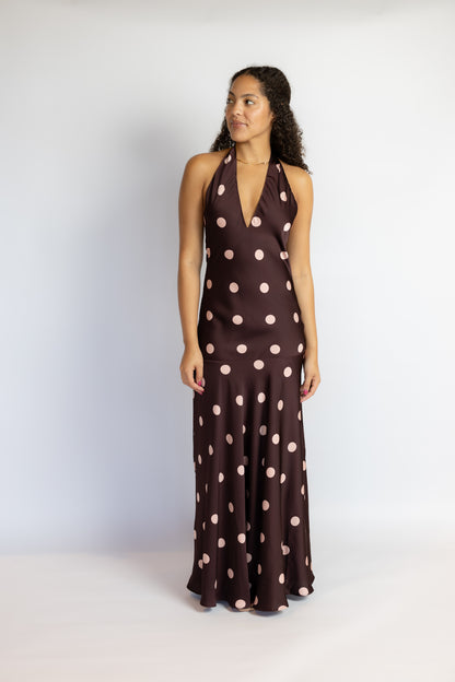 Verona Polka Dot Drop Waist Halter Midi Dress