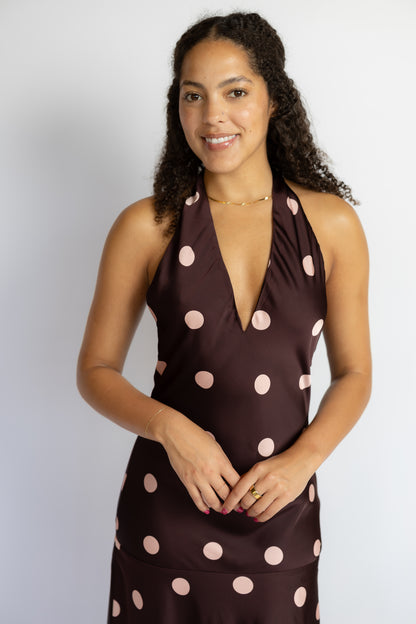 Verona Polka Dot Drop Waist Halter Midi Dress