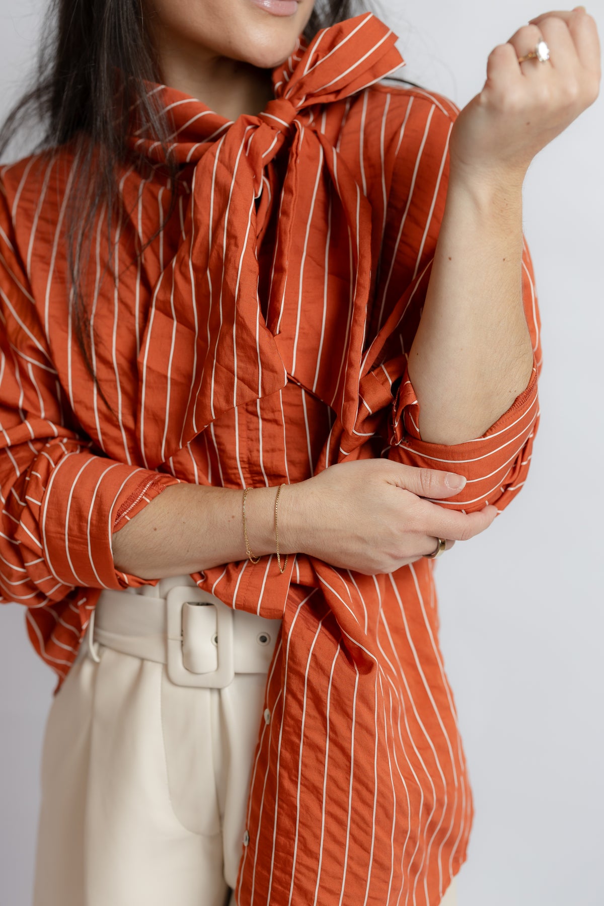 Rolling Up High Neck Striped Shirt
